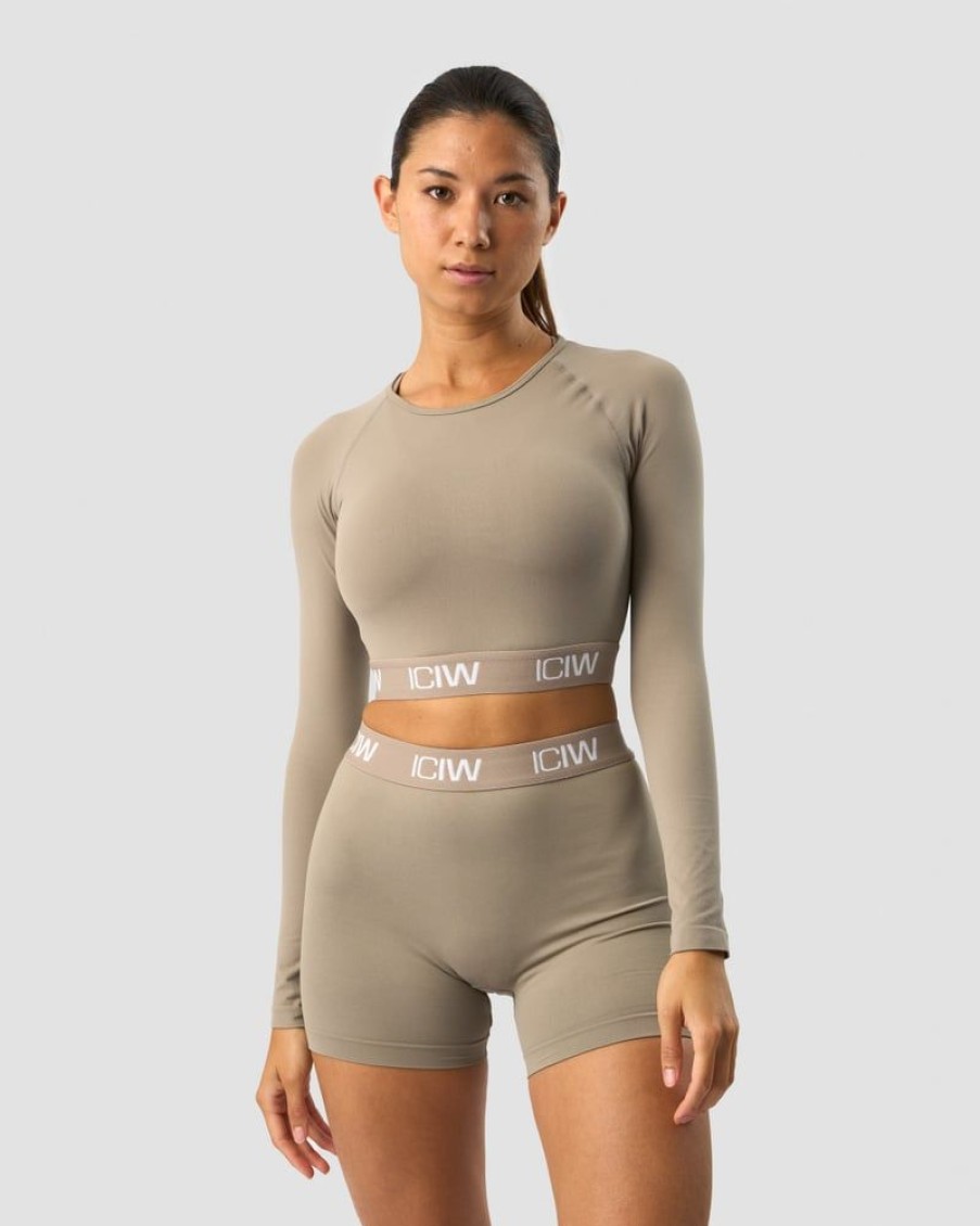 Naiset ICIW Seamless | Define Seamless Logo Long Sleeve Crop Top Taupe